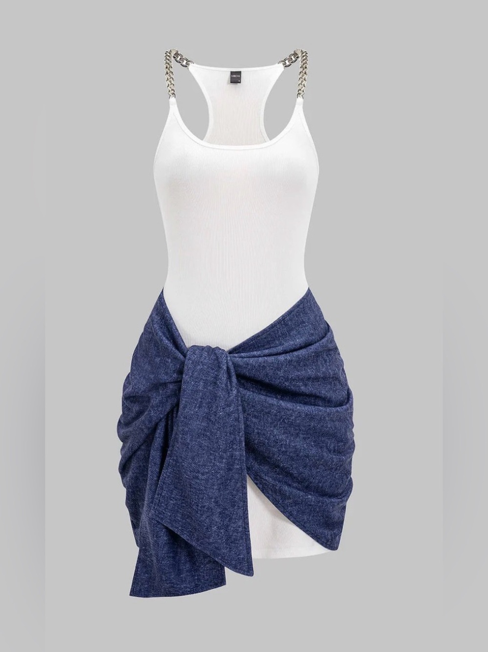 White Tank Dress with Navy Wrap Skirt Accent